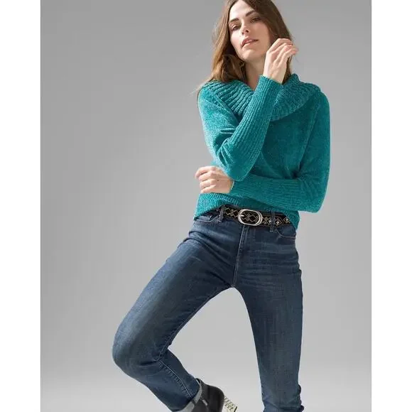 WHBM Teal Green Long Sleeve Cowl Neck Chenille Pullover Size Small NWT - Picture 2 of 9